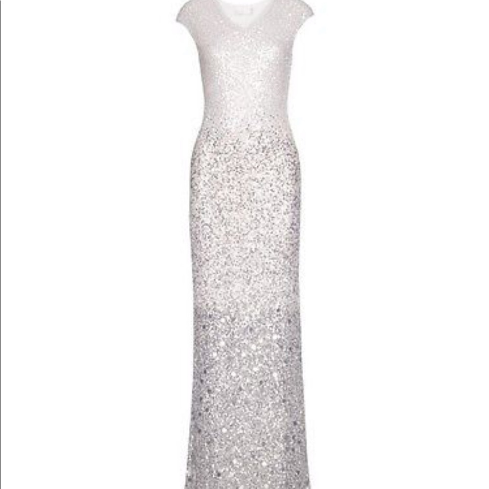 Mikael Aghal white silver ombré sequin gown.